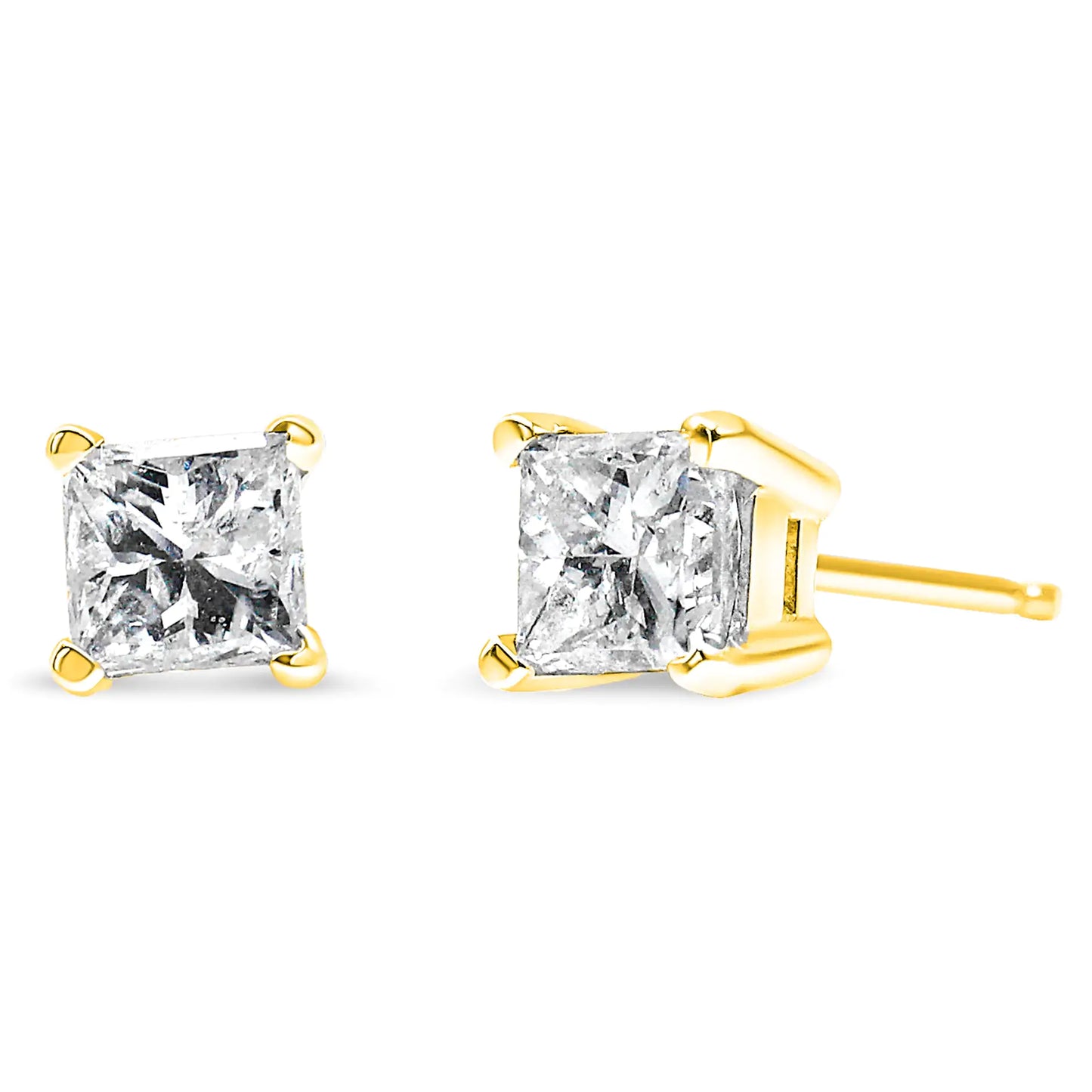 AGS Certified 14k Gold 4-Prong Set Princess-Cut Solitaire Diamond Push Back Stud Earrings (I-J Color, SI2-I1 Clarity)