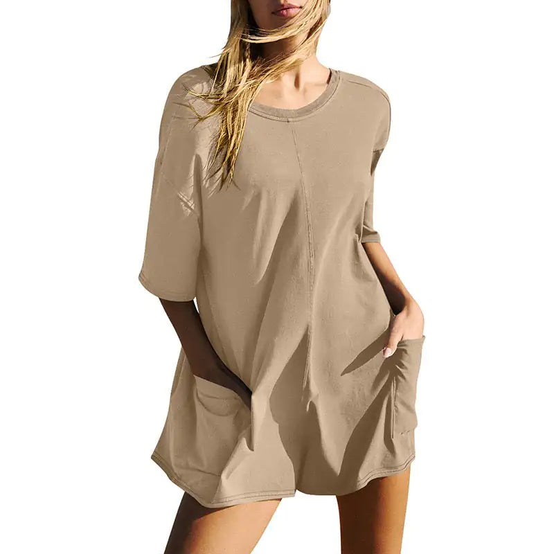 Rompers for Women Casual Short Sleeve Oversized Athletic Workout Reversible Hot Shot Tee Romper Deep Pockets