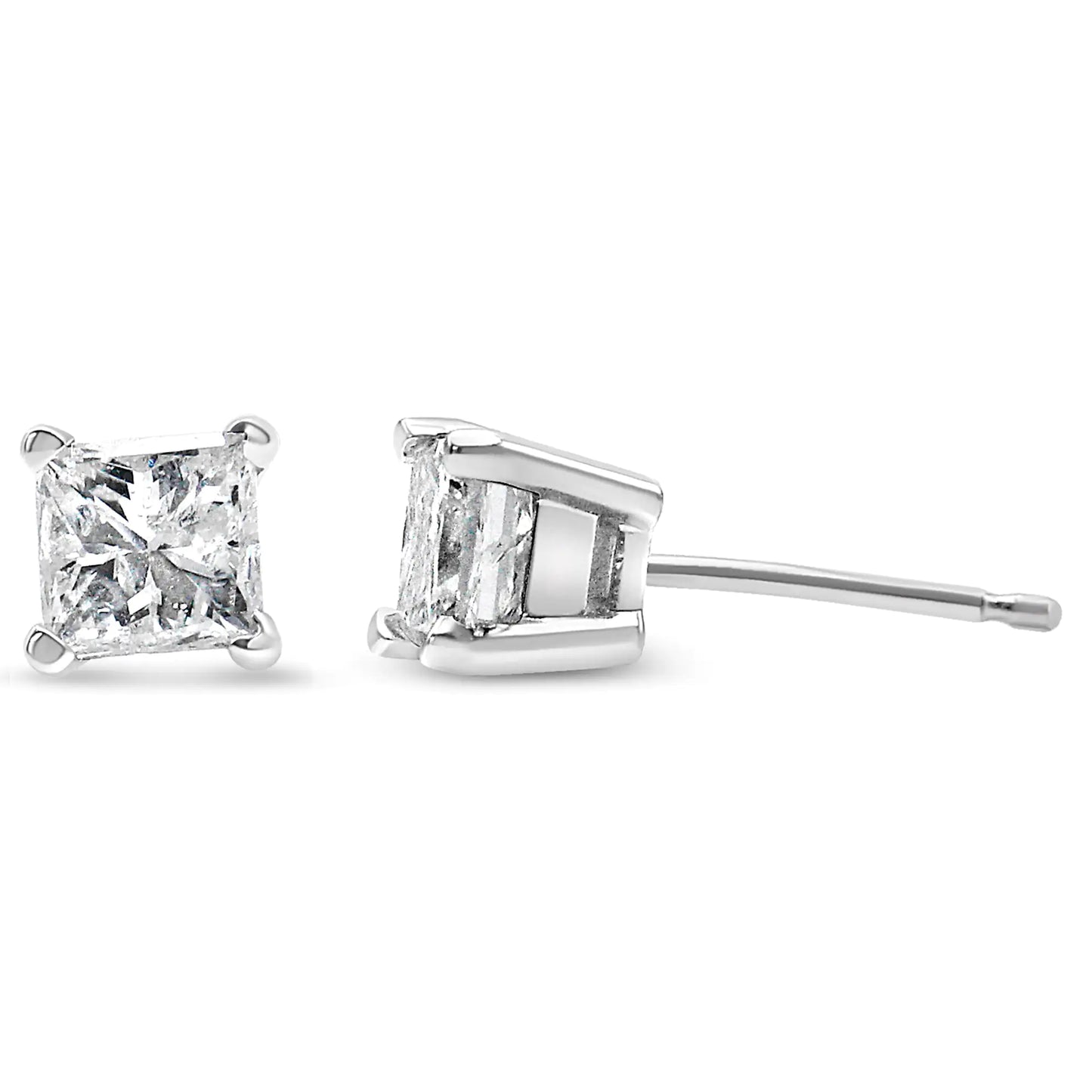 AGS Certified 14k Gold 4-Prong Set Princess-Cut Solitaire Diamond Push Back Stud Earrings (I-J Color, SI2-I1 Clarity)