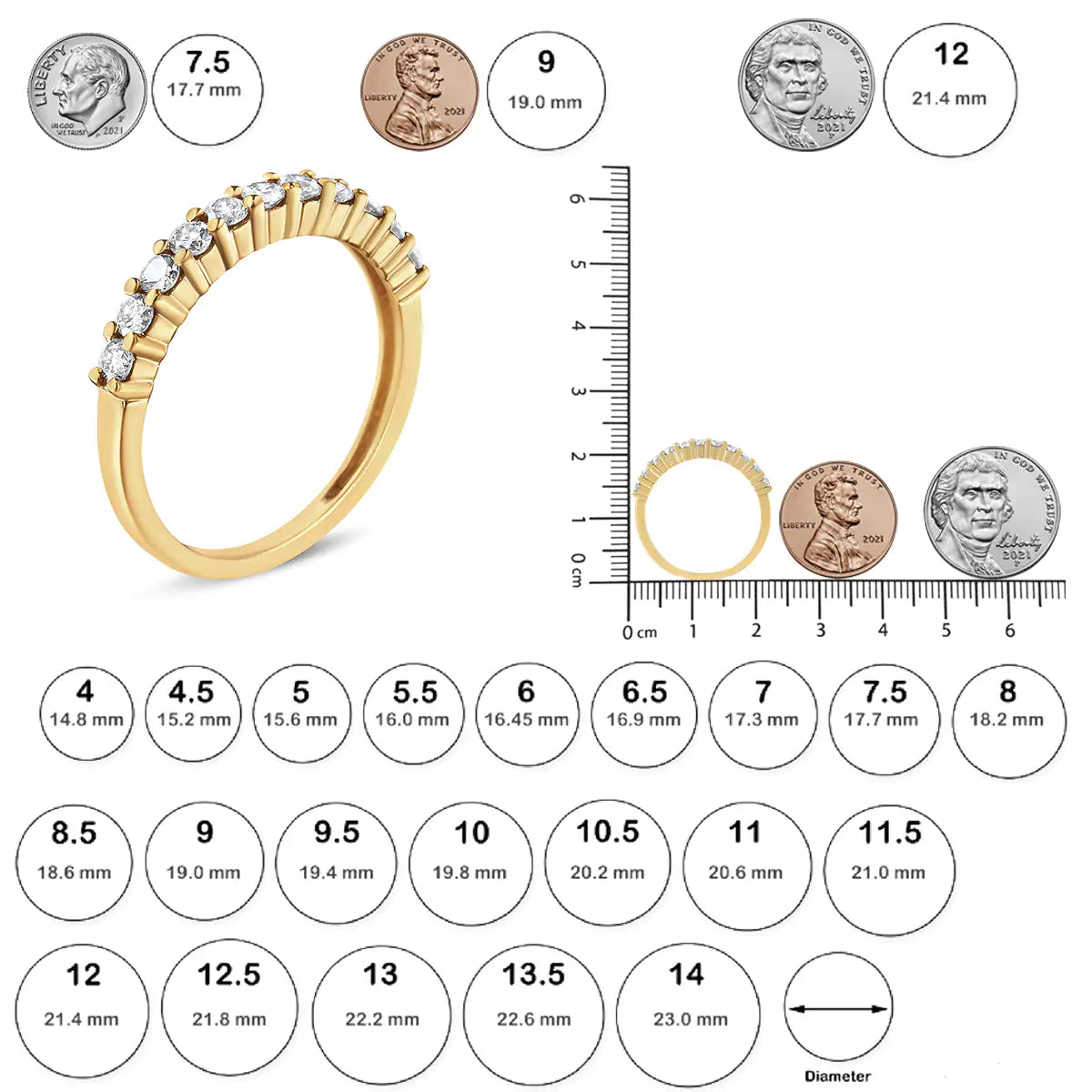 14K Yellow Gold Plated .925 Sterling Silver 1/2 cttw Shared Prong Set Brilliant Round-Cut Diamond 11 Stone Band Ring (K-L Color, SI2-I1 Clarity)