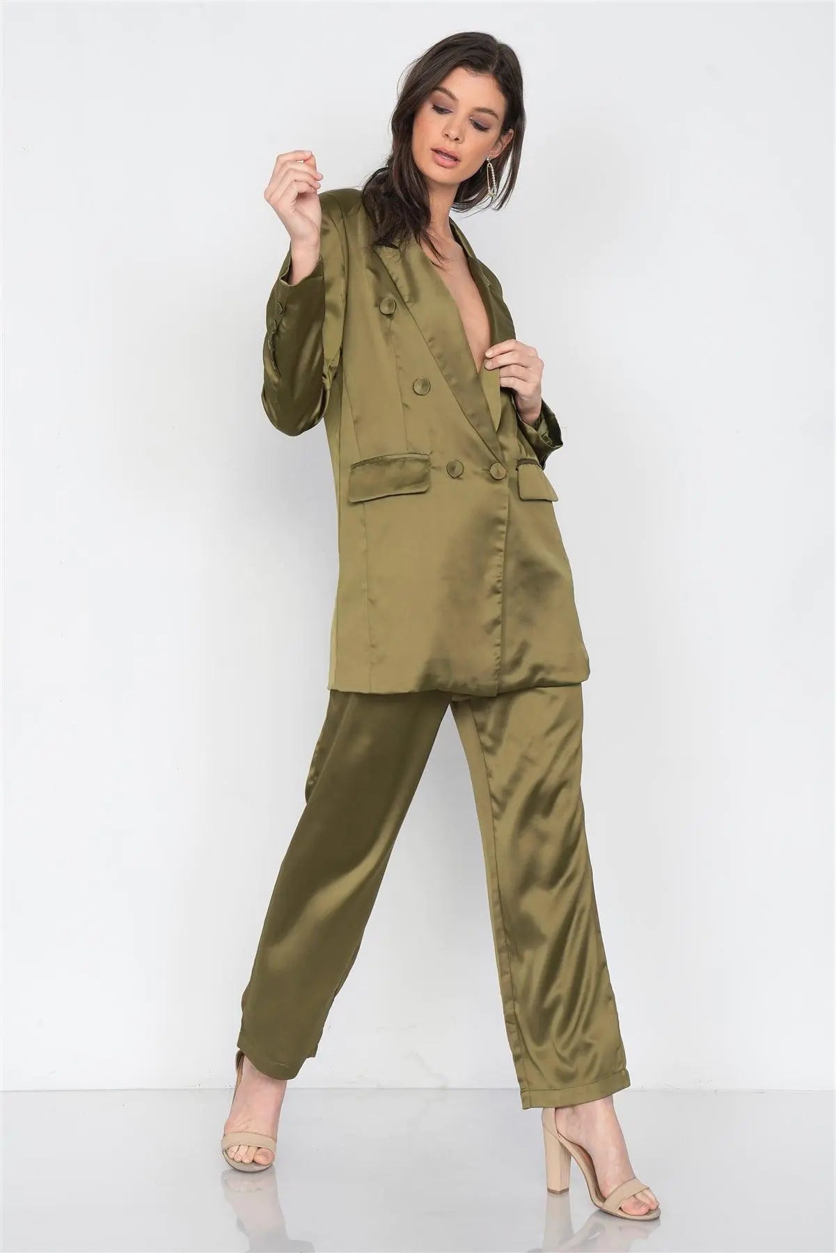 Olive Silk Boyfriend Blazer & Chic High-Waist Pleated Ankle Pant Set