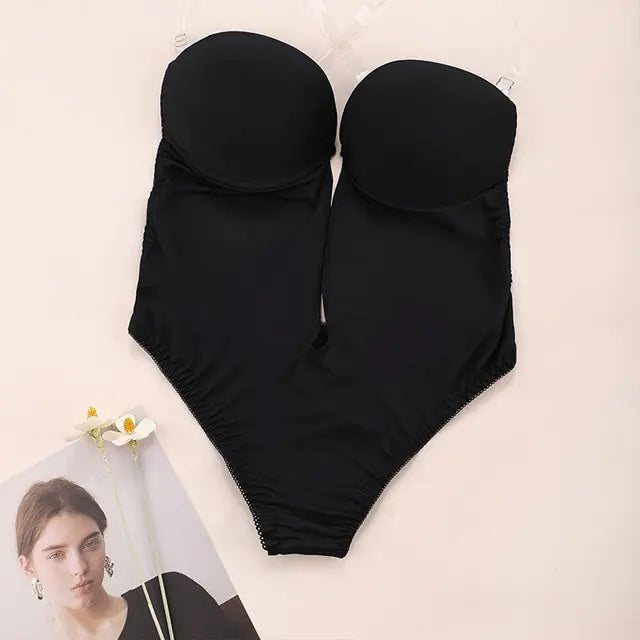 Bodysuit Shapewear Deep V-Neck Body Shaper Backless U Plunge Thong Shapers Waist Trainer Women Clear Strap Padded Push Up Corset